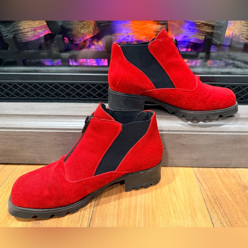Women's Red Suede Ankle Booties with Lug Sole